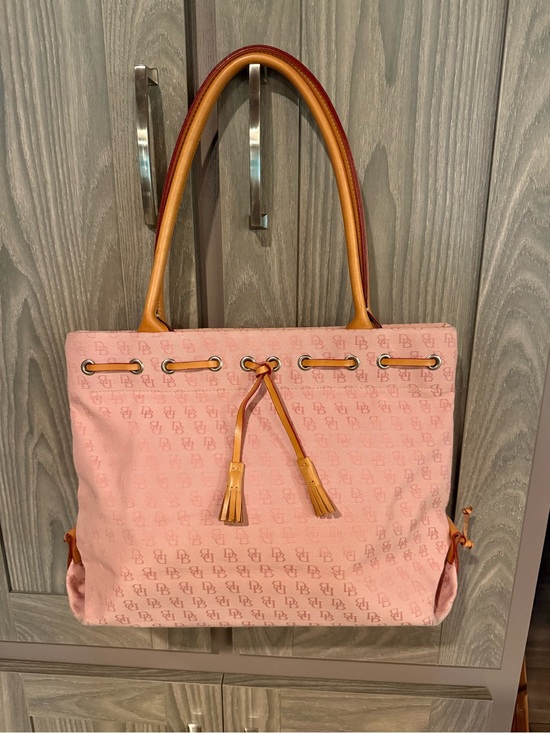 Dooney & Bourke Handbags - Large Dooney & Bourke Pink Canvas Logo Tote Bag with Tan Leather Trim